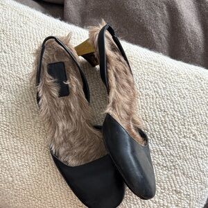 Gucci Black Leather Fur-Trim Slingback Mules with Gold Block Heel